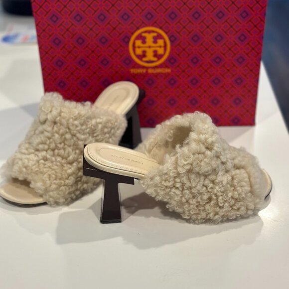 Tory Burch Block T Shearling Mule Sandal - SIZE 9 - Picture 1 of 5